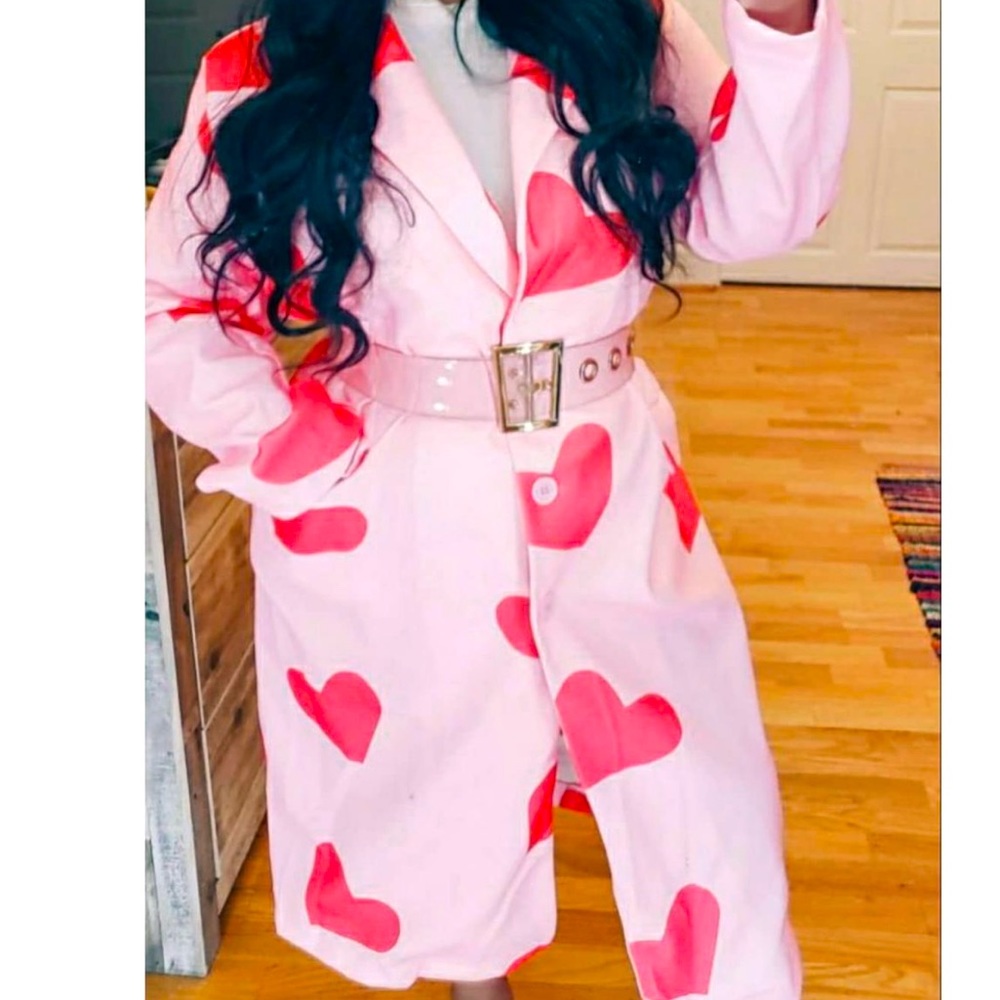 Pink Heart-shaped Print Coat